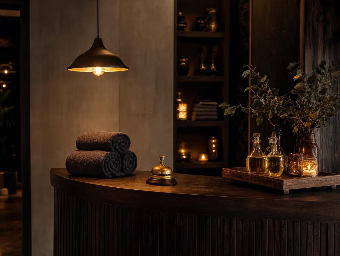 Front desk of a dimly lit spa with folded towels, candles and warm lighting