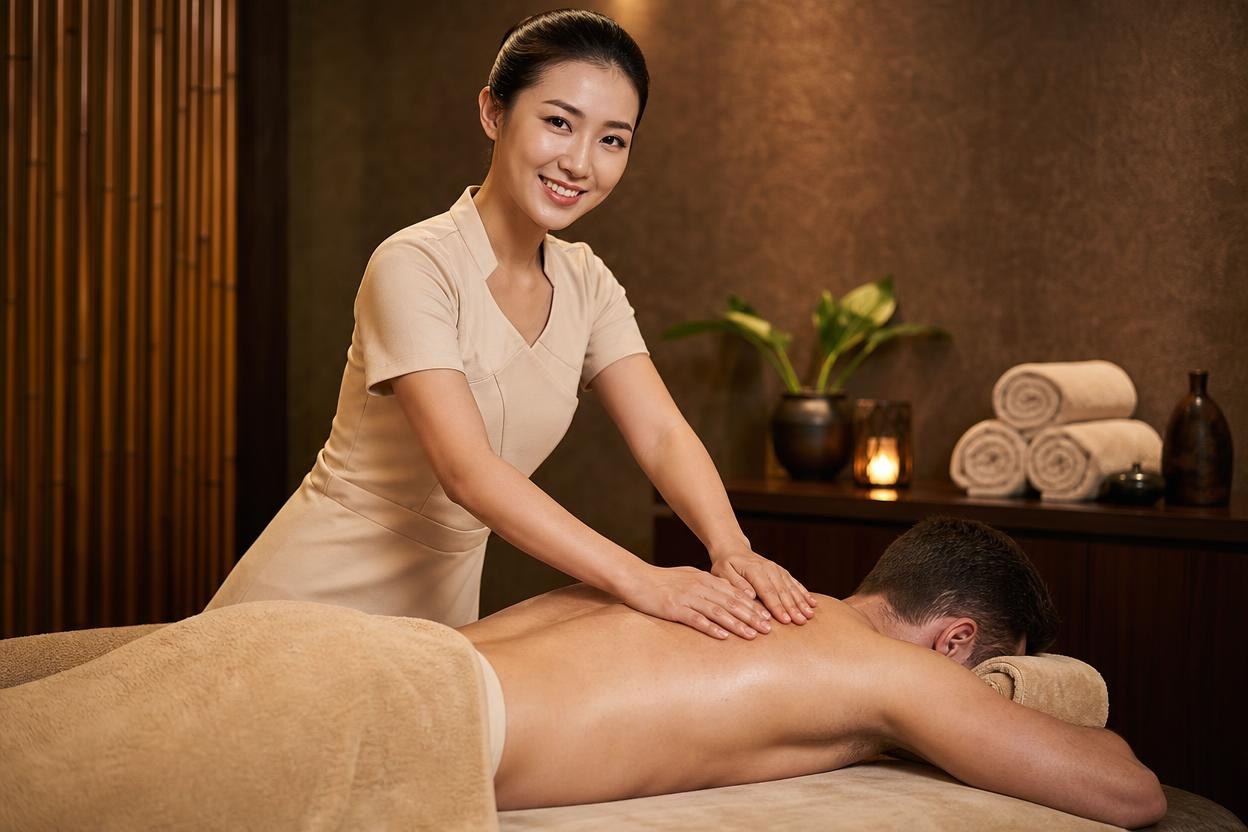 Female therapist working deep tissue pressure into a client's back in a warm lit treatment room