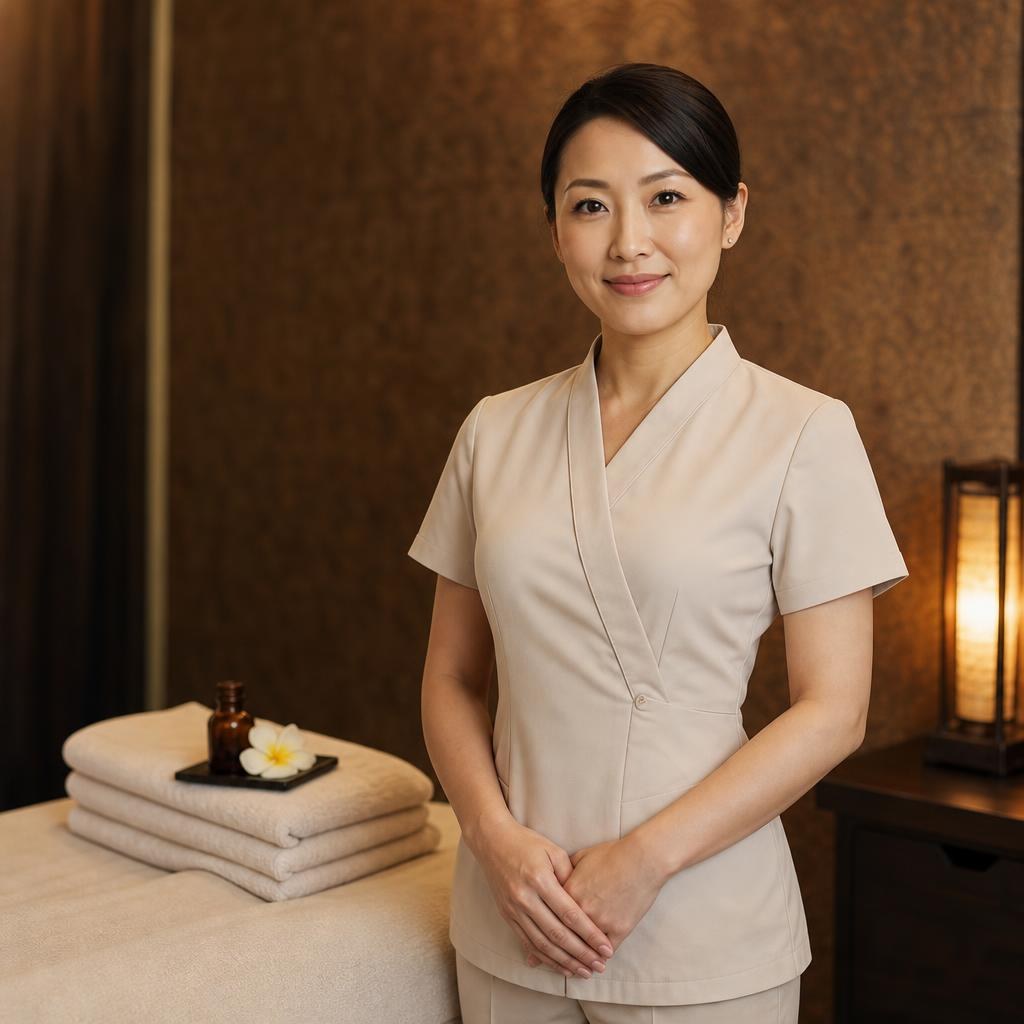 Professional massage therapist standing beside a treatment table